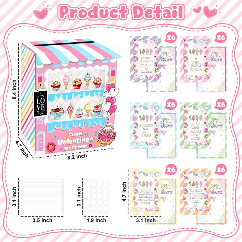 LANLISA Valentines Box for Kids - Ice Cream Shop Valentines Day Card Box for Girls Classroom School Exchange - Valentine Box with 30 Cards and 6 Teacher Card for Girls Boys Toddlers - Image 3