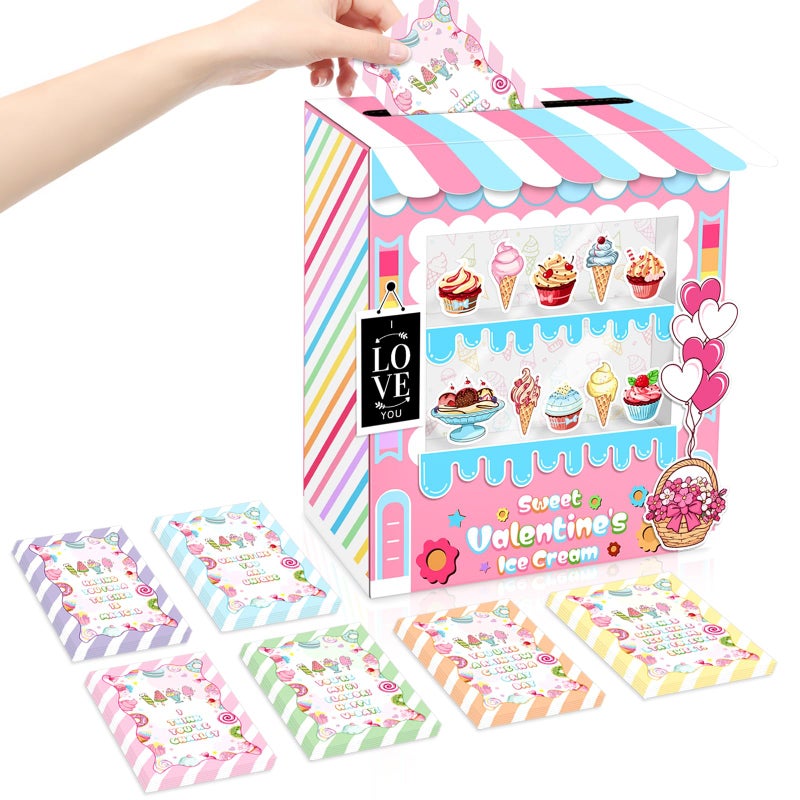 LANLISA Valentines Box for Kids - Ice Cream Shop Valentines Day Card Box for Girls Classroom School Exchange - Valentine Box with 30 Cards and 6 Teacher Card for Girls Boys Toddlers - Image 1