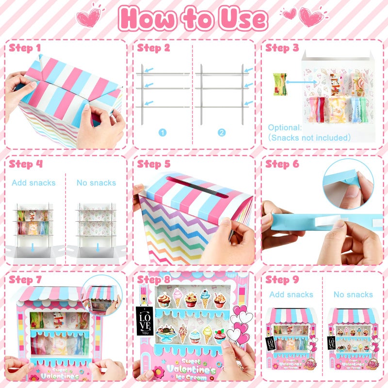 LANLISA Valentines Box for Kids - Ice Cream Shop Valentines Day Card Box for Girls Classroom School Exchange - Valentine Box with 30 Cards and 6 Teacher Card for Girls Boys Toddlers - Image 4