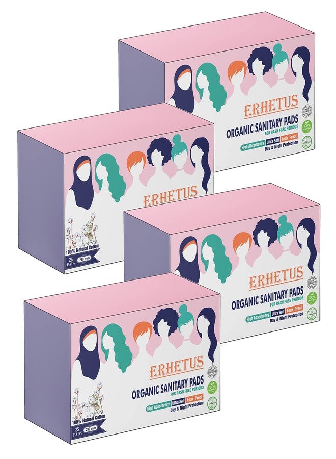 ERHETUS Biodegradable Bamboo Sanitary Pads for Women, Pure Organic Cotton Base Sanitary Napkins | Chemical & Fragrance Free, Soft, Ultra-thin, High Absorbent - 100 Pads (XL, 290mm, Pack of 4*25 pad) - Image 1