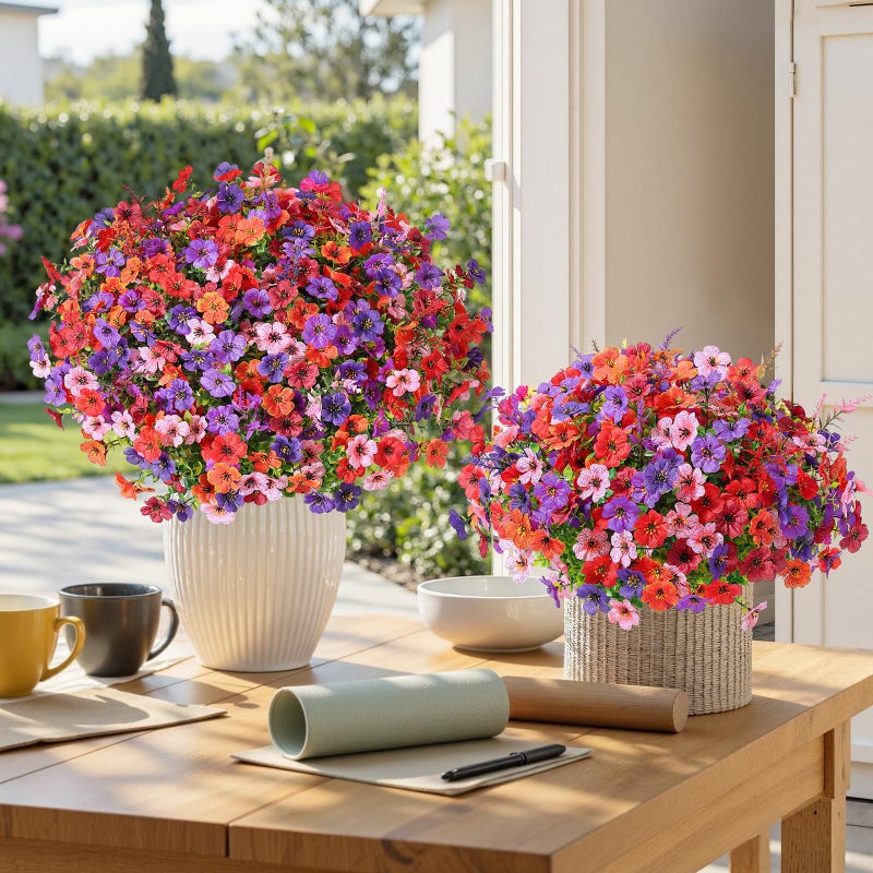 SHareconn 24 Bundles Artificial Flowers for Outdoors Decoration, Faux Plants Fake Silk Colorful Daisy Eucalyptus Lavender, UV Resistant for Outside Home Porch Indoor Spring Decor, 6 Colors incl. Brown - Image 5
