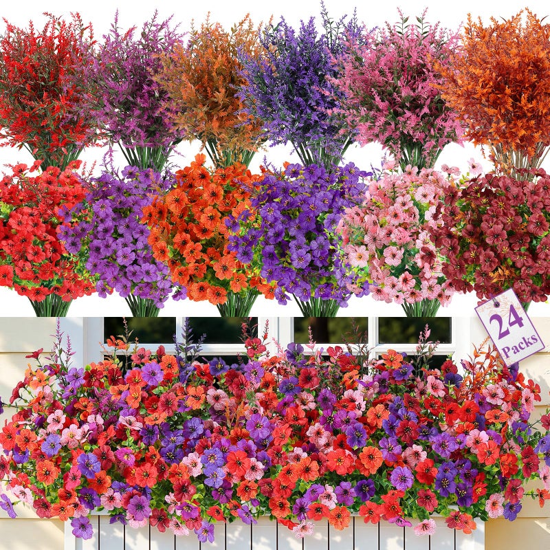 SHareconn 24 Bundles Artificial Flowers for Outdoors Decoration, Faux Plants Fake Silk Colorful Daisy Eucalyptus Lavender, UV Resistant for Outside Home Porch Indoor Spring Decor, 6 Colors incl. Brown - Image 1