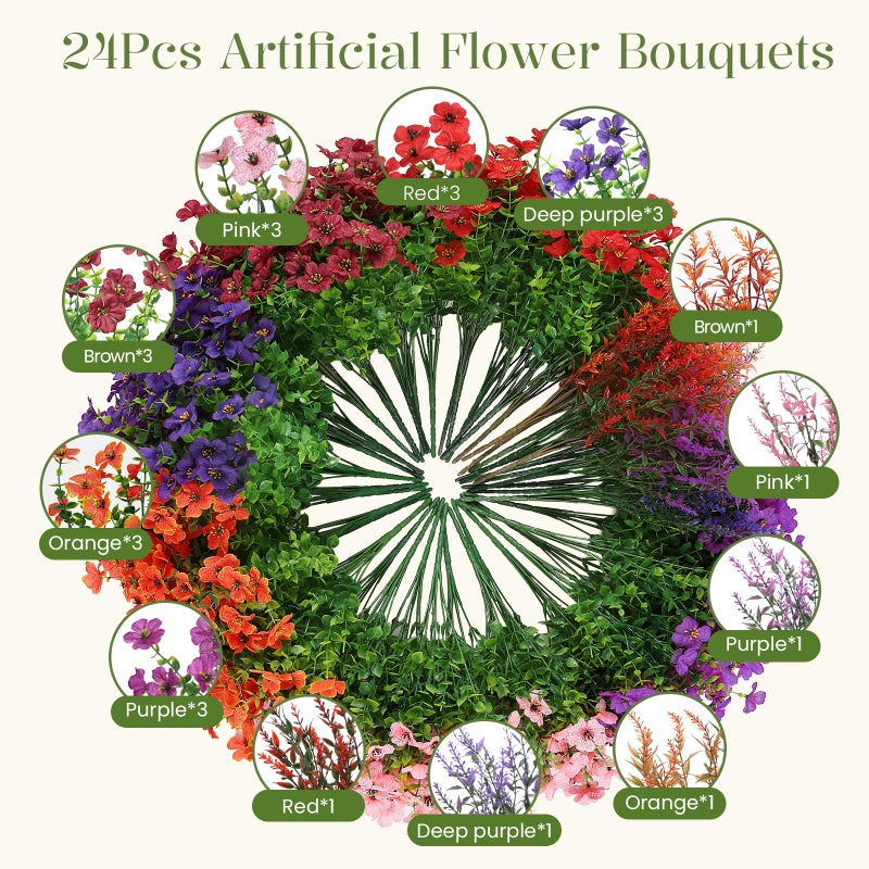 SHareconn 24 Bundles Artificial Flowers for Outdoors Decoration, Faux Plants Fake Silk Colorful Daisy Eucalyptus Lavender, UV Resistant for Outside Home Porch Indoor Spring Decor, 6 Colors incl. Brown - Image 2