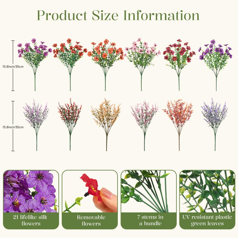 SHareconn 24 Bundles Artificial Flowers for Outdoors Decoration, Faux Plants Fake Silk Colorful Daisy Eucalyptus Lavender, UV Resistant for Outside Home Porch Indoor Spring Decor, 6 Colors incl. Brown - Image 3