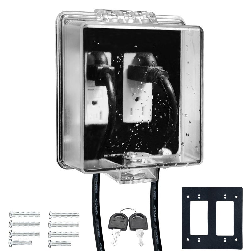 PILISPARK 2-Gang Universal Weatherproof Electrical Outlet Cover with Lock,Baby Proof Outlet Lock Box,Fits Most 2.6 "H x 2.56 "W or Smaller Plugs,Clear Outlet Waterproof Cover Box for Outdoor In-Use - Image 1