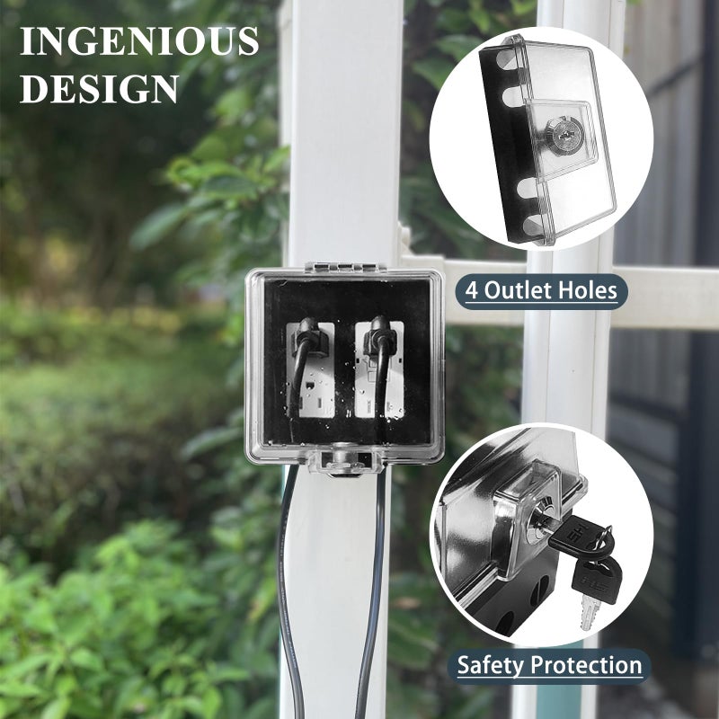 PILISPARK 2-Gang Universal Weatherproof Electrical Outlet Cover with Lock,Baby Proof Outlet Lock Box,Fits Most 2.6 "H x 2.56 "W or Smaller Plugs,Clear Outlet Waterproof Cover Box for Outdoor In-Use - Image 4