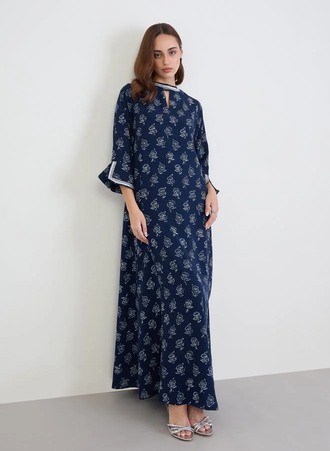 Women Navy Blue Floral Print Jalabiya