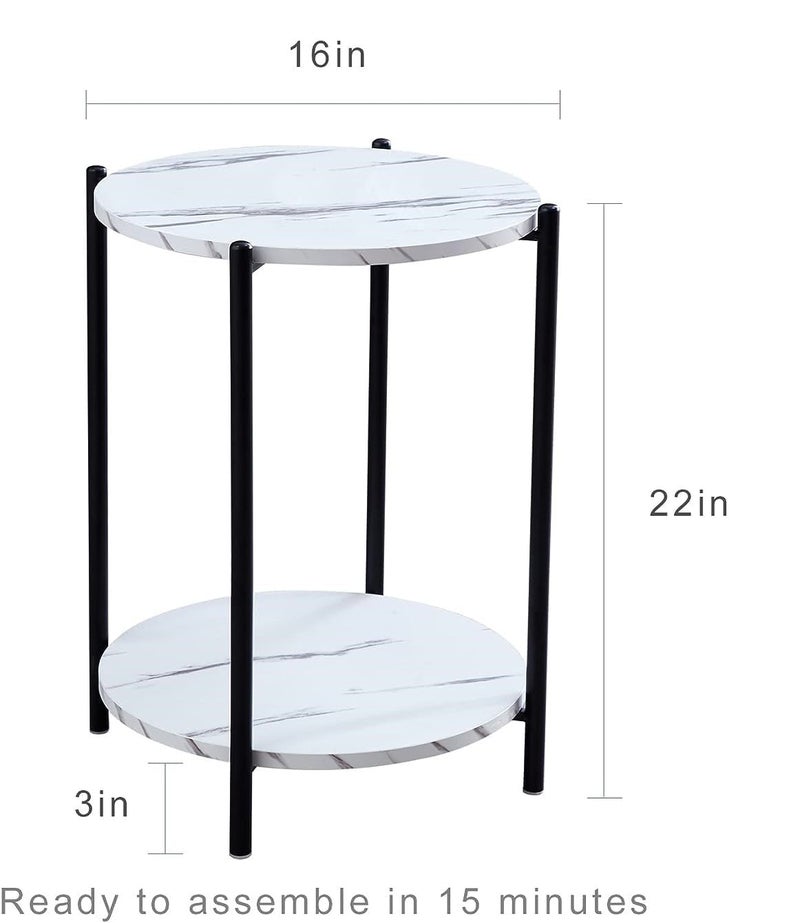 Priti White Black Side Table Marble Nightstand for Living Room or Bedroom Modern Accent Table with Black Metal Frame - Image 2