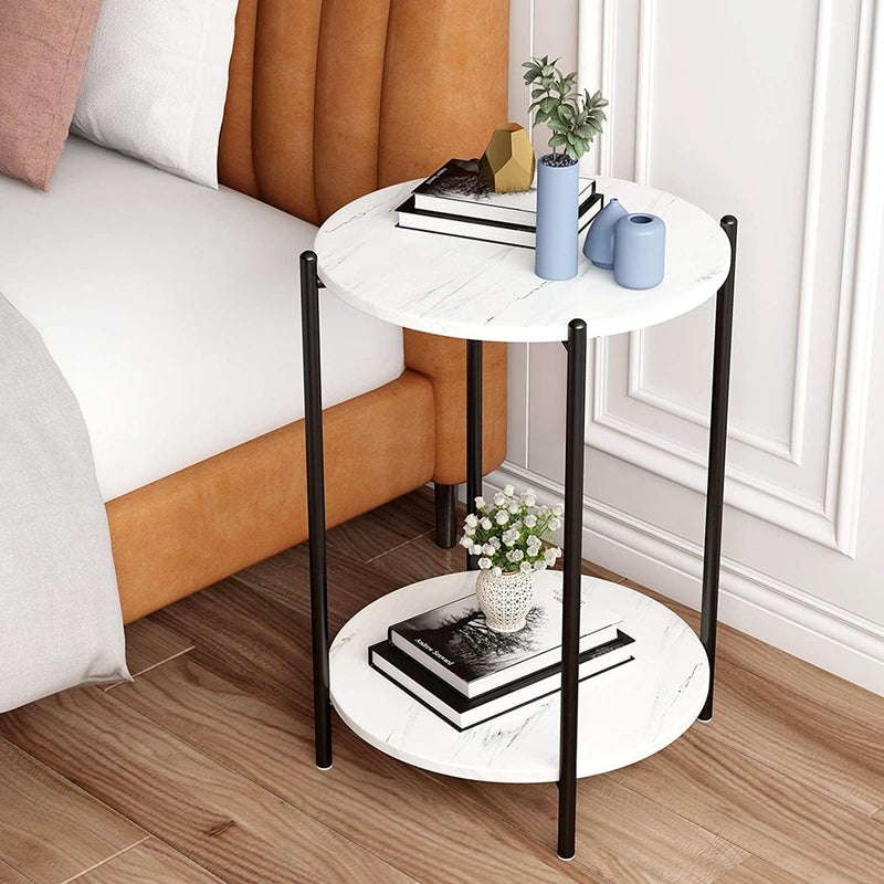 Priti White Black Side Table Marble Nightstand for Living Room or Bedroom Modern Accent Table with Black Metal Frame - Image 1