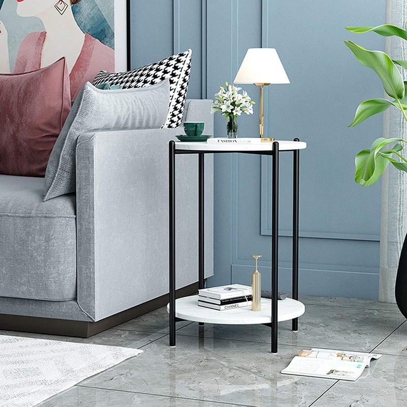 Priti White Black Side Table Marble Nightstand for Living Room or Bedroom Modern Accent Table with Black Metal Frame - Image 4