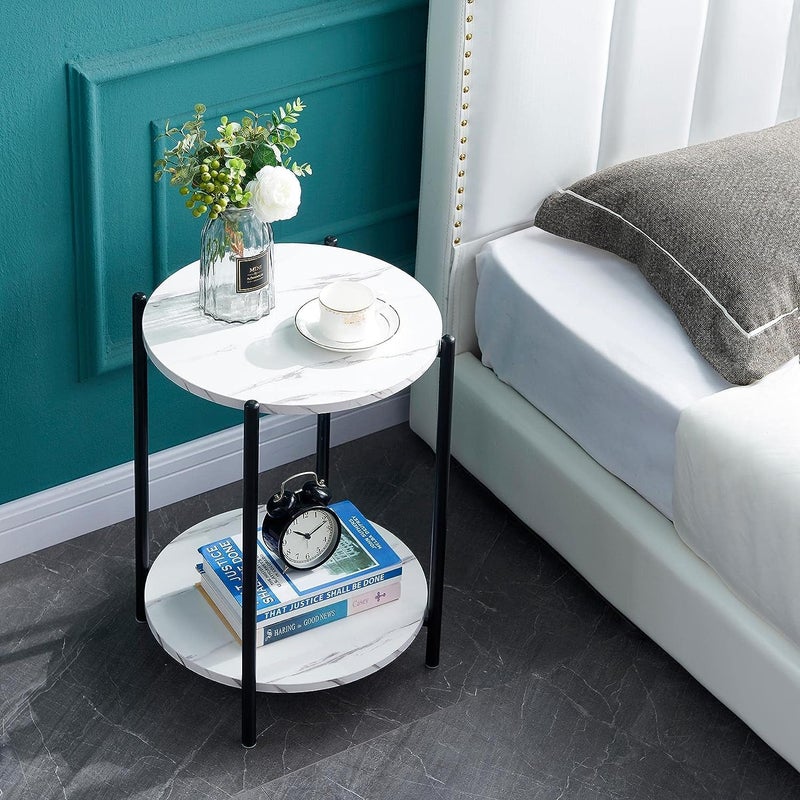 Priti White Black Side Table Marble Nightstand for Living Room or Bedroom Modern Accent Table with Black Metal Frame - Image 5