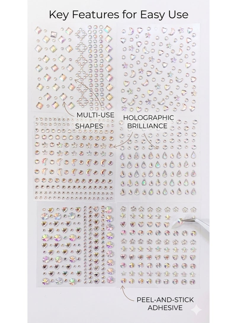 Holographic AB Face & Body Gems Set, 6 Sheets Multi-Shape Adhesive Rhinestones for Makeup, Nail Art & DIY Crafts, Iridescent Crystal Stickers - Image 5