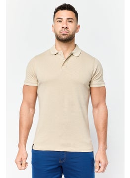 Threadbare Men Regular Fit Stripe Short Sleeve Polo Shirt, Taupe  - Image 1