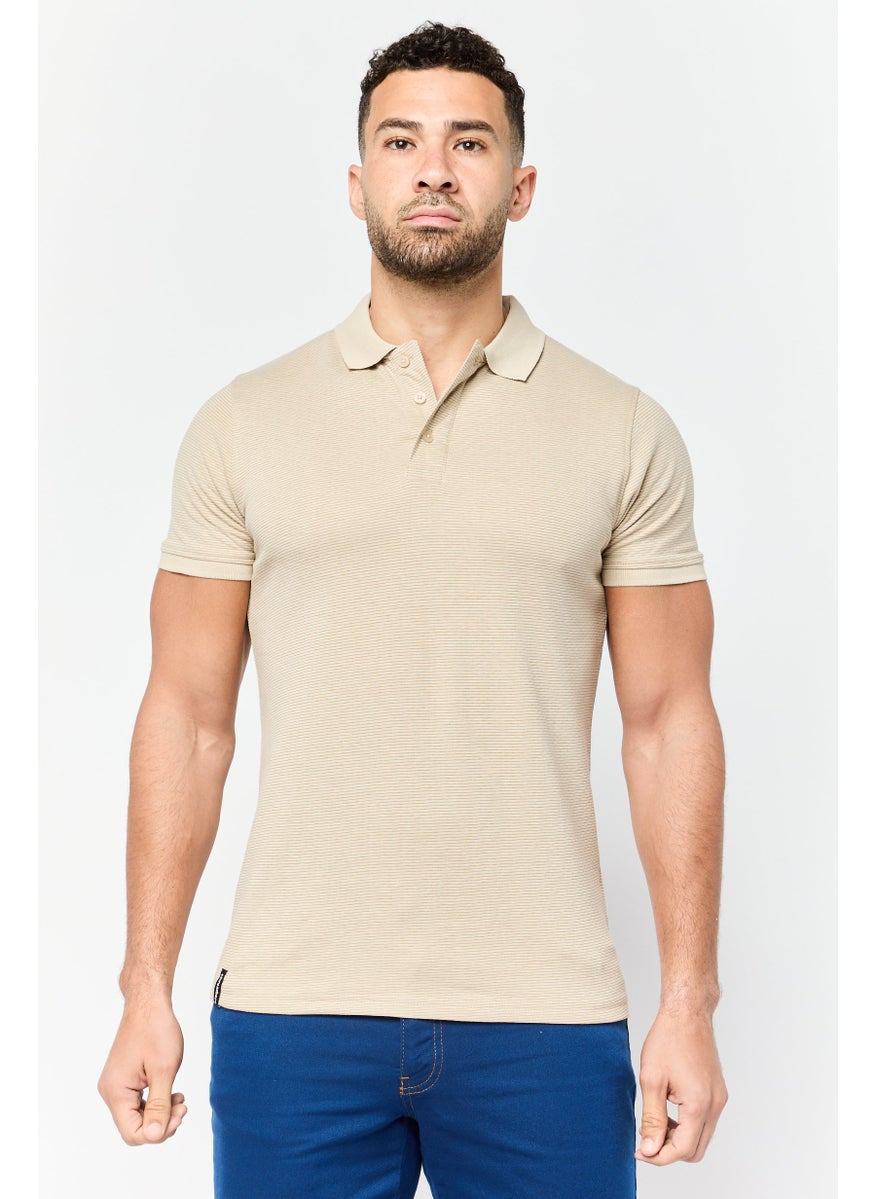 Threadbare Men Regular Fit Stripe Short Sleeve Polo Shirt, Taupe  - Image 1