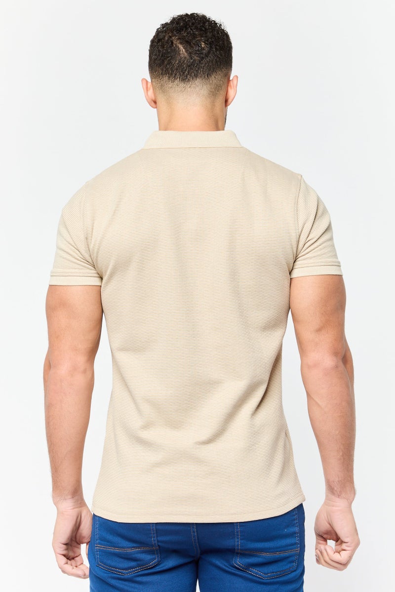 Threadbare Men Regular Fit Stripe Short Sleeve Polo Shirt, Taupe  - Image 3