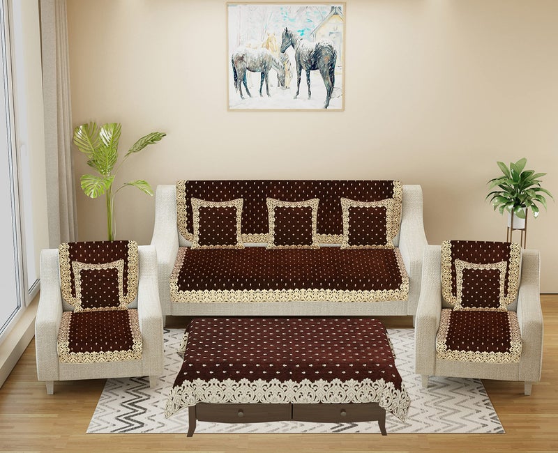 Dazzling DECOR Velvet Sofa Covers 5 Seater with Cushion and Table Cover - 3+2 Seater, 2801_Coffee - Image 1