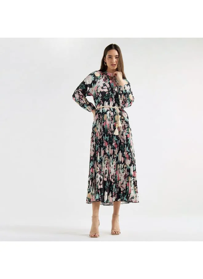 Splash FAV Floral Print Pleated A-line Dress with High Neck and Long Sleeves