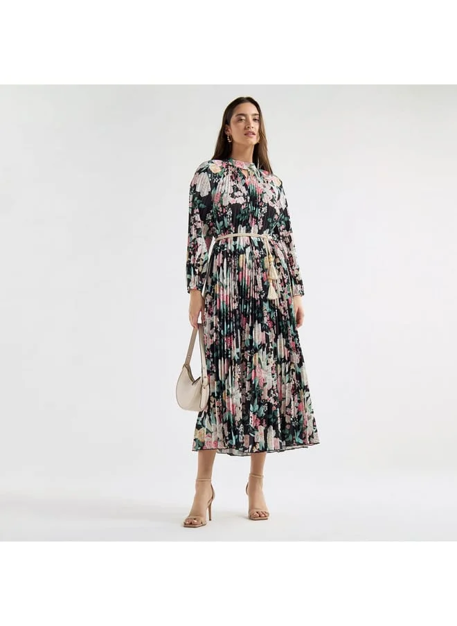 Splash FAV Floral Print Pleated A-line Dress with High Neck and Long Sleeves