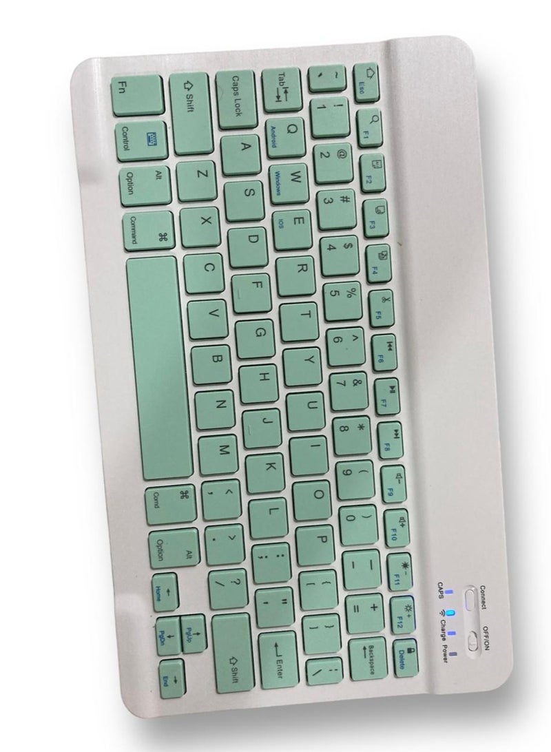 A Wireless Keyboard For Mobile Phones Tablets And Laptops Its Features Are A Rechargeable Keyboard Pairing Is Via Bluetooth Connection And The Working Distance Between The Computer And The Keyboard Is Up To 10 Meters The Keyboard Buttons Have English Letters Only And If You Want To Add Letters In Another Language You Can Buy Stickers The Letters Of The Language You Want And Paste Them On The Keyboard Buttons (Not Included With The Keyboard Stickers for Arabic Russian Korean Or Other Letters Are Sold Separately) The Color Of The Keyboard Is Light Pistachio Green And Its Size Is 25*15 CM