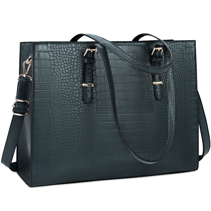 Lubardy Laptop Bag for Women 15.6 Inch Laptop Tote Bag Leather Classy Computer Briefcase for Work Waterproof Handbag Professional Shoulder Bag Women Business Office Bag Large Capacity Dark Green - Image 1