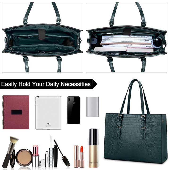 Lubardy Laptop Bag for Women 15.6 Inch Laptop Tote Bag Leather Classy Computer Briefcase for Work Waterproof Handbag Professional Shoulder Bag Women Business Office Bag Large Capacity Dark Green - Image 2