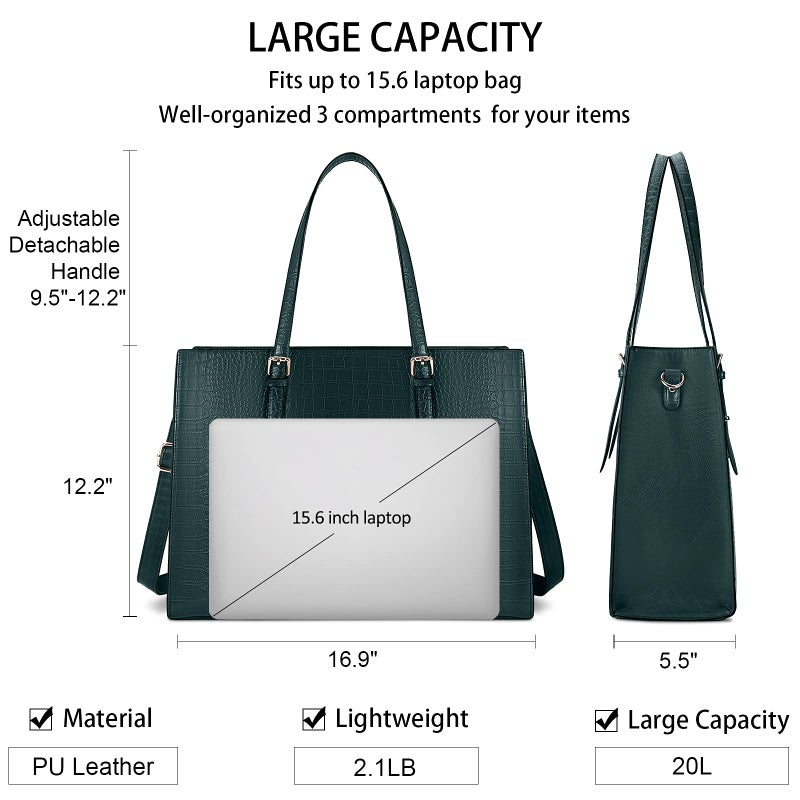 Lubardy Laptop Bag for Women 15.6 Inch Laptop Tote Bag Leather Classy Computer Briefcase for Work Waterproof Handbag Professional Shoulder Bag Women Business Office Bag Large Capacity Dark Green - Image 4