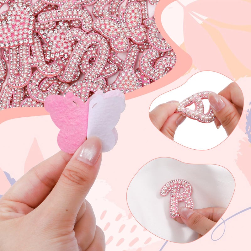 BINBE 62Pcs Self Adhesive Pearl Letter Patches (A-Z) Star Butterfly Heart Bowknot Flower Glitter Pearl Letter Patches Rhinestone Applique for DIY Clothes, Bags, Shoes Pink - Image 3