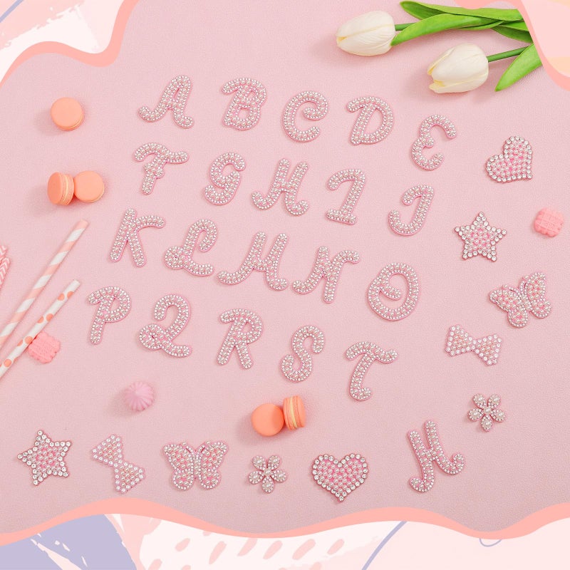 BINBE 62Pcs Self Adhesive Pearl Letter Patches (A-Z) Star Butterfly Heart Bowknot Flower Glitter Pearl Letter Patches Rhinestone Applique for DIY Clothes, Bags, Shoes Pink - Image 4
