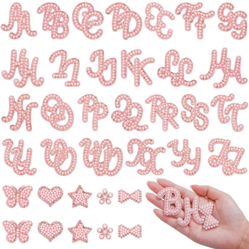 BINBE 62Pcs Self Adhesive Pearl Letter Patches (A-Z) Star Butterfly Heart Bowknot Flower Glitter Pearl Letter Patches Rhinestone Applique for DIY Clothes, Bags, Shoes Pink - Image 1