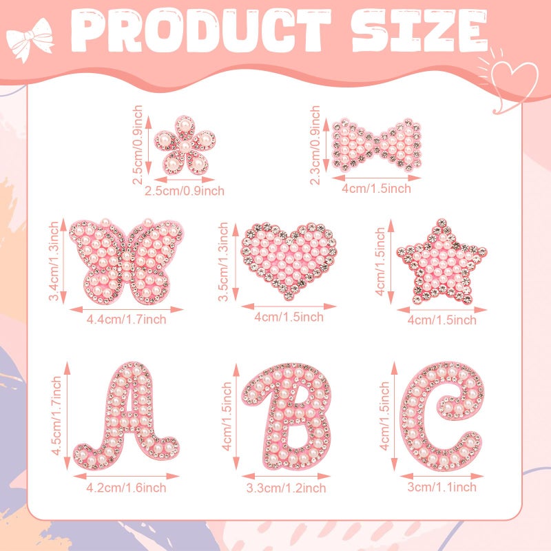 BINBE 62Pcs Self Adhesive Pearl Letter Patches (A-Z) Star Butterfly Heart Bowknot Flower Glitter Pearl Letter Patches Rhinestone Applique for DIY Clothes, Bags, Shoes Pink - Image 2