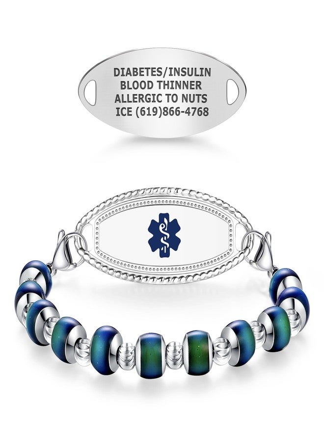 Divoti Medical Alert ID Bracelet for Women, Customizable Alert ID Bracelet with Engraving, Stylish & Comfortable Design, Adjustable Changing Mood Beaded Chain-Deep Blue/7.75" - Image 1