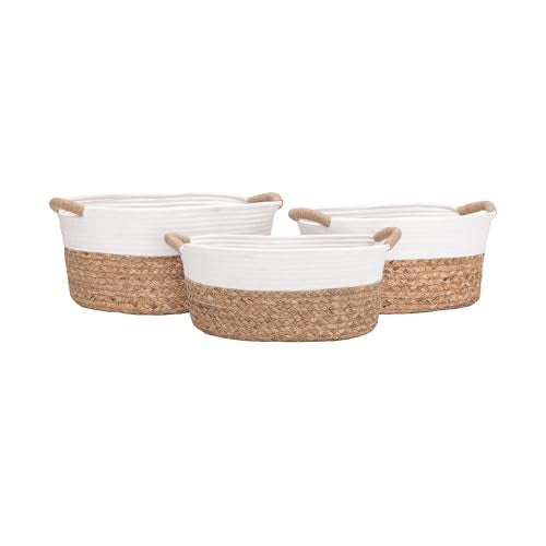 Seville Classics Premium Natural Handwoven Portable Laundry Bin Basket with Carrying Handles, Household Storage for Clothes, Linens, Sheets, Natural Water Hyacinth and White Rope, 3 Piece Set - Image 1