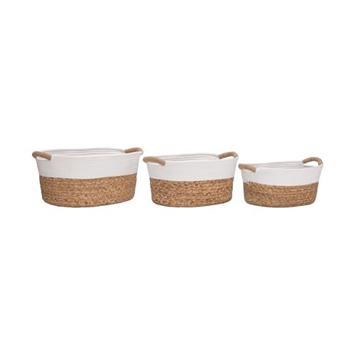 Seville Classics Premium Natural Handwoven Portable Laundry Bin Basket with Carrying Handles, Household Storage for Clothes, Linens, Sheets, Natural Water Hyacinth and White Rope, 3 Piece Set - Image 4