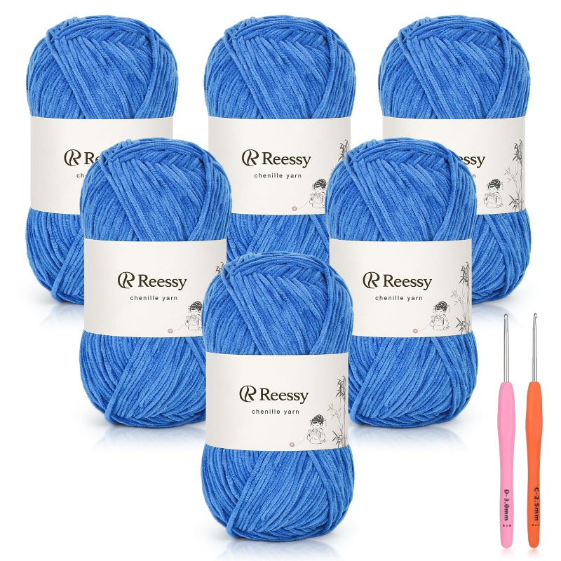 Reessy Skinny Chenille Yarn for Crocheting - 6 Pack of 50g/158yd (948yd Total) - Soft Matte Chenille - Fine Weight Baby Yarn for Plush Toys, Baby Blankets & Small Crochet Crafts(Navy Blue) - Image 1