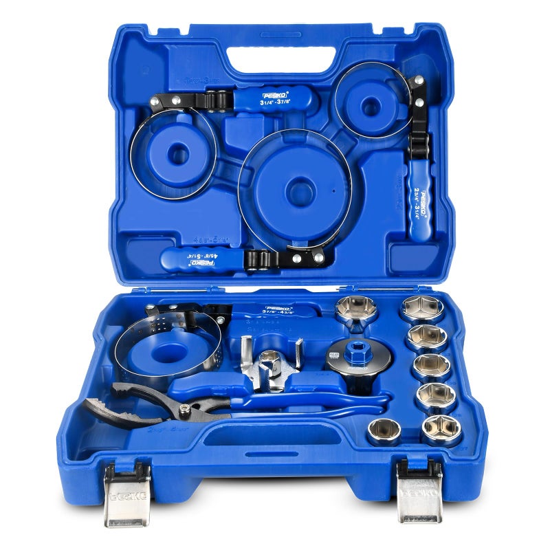 PESIKO 14 Piece Oil Filter Wrench Set, 7pcs Oil Fliter Socket and 64mm Wrench, 4pcs Stainless Steel Swivel Wrenches, 12" Oil Filter Pliers, Universal 3-Jaw Removal Tool, Organized in Storage Case - Image 1