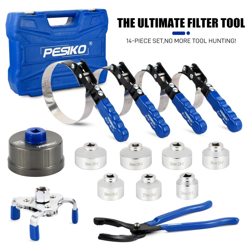 PESIKO 14 Piece Oil Filter Wrench Set, 7pcs Oil Fliter Socket and 64mm Wrench, 4pcs Stainless Steel Swivel Wrenches, 12" Oil Filter Pliers, Universal 3-Jaw Removal Tool, Organized in Storage Case - Image 2