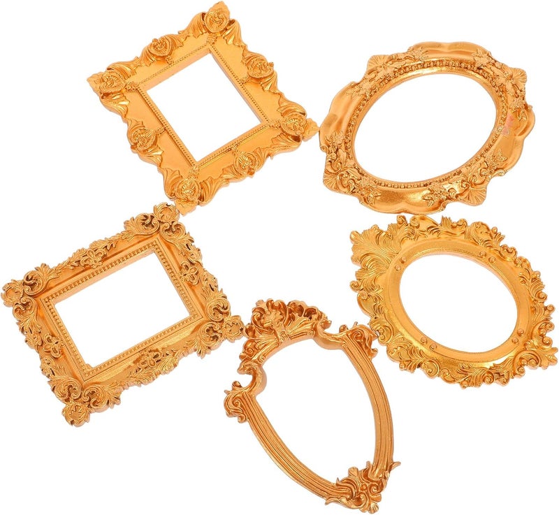 5pcs Mini Vintage Resin Picture Frames for DIY Wall Decor and Jewelry Display, Small Retro European Style Tabletop Photo Holders in Gold Geometric and Elliptical Shapes - Image 1