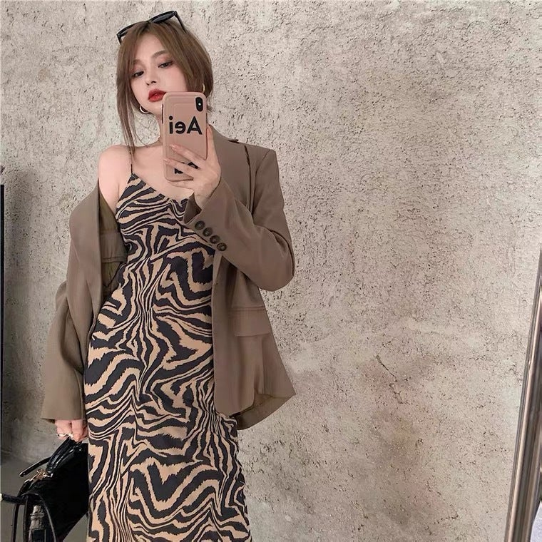 2023 Summer V-Neck Midi Slip Dress for Women Brown  - Image 1