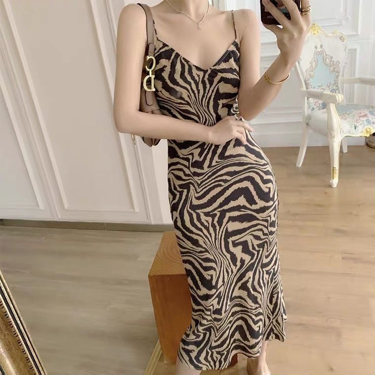 2023 Summer V-Neck Midi Slip Dress for Women Brown  - Image 3