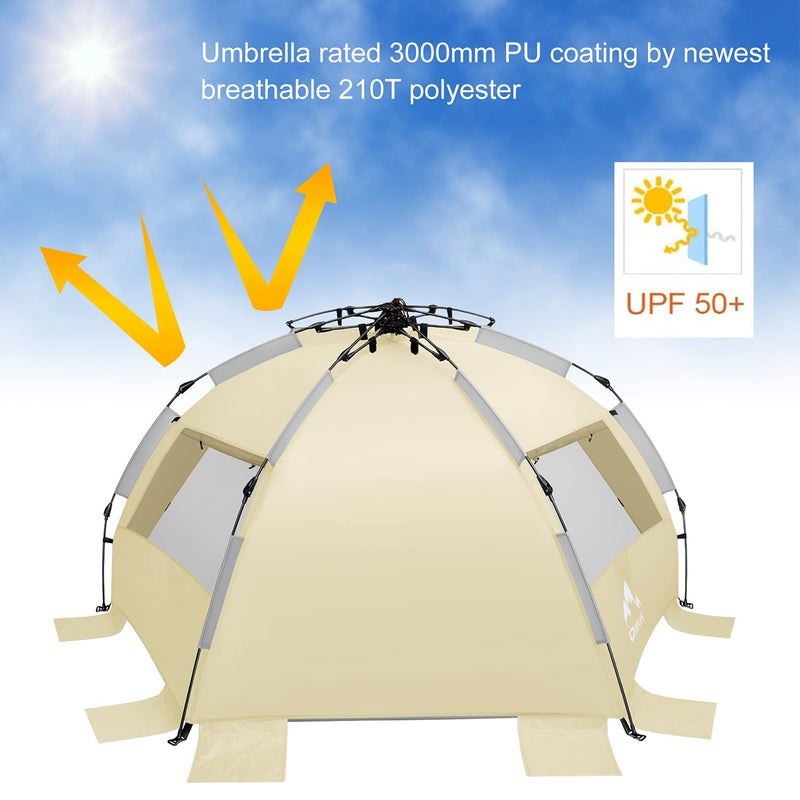 Oileus X-Large 4 Person Beach Tent Sun Shelter - Portable Sun Shade Instant Tent for Beach with Carrying Bag, Stakes, 6 Sand Pockets, Anti UV for Fishing Hiking Camping, Waterproof Windproof, Khaki - Image 4