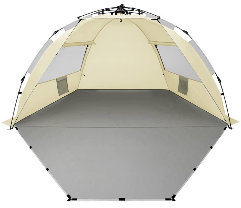 Oileus X-Large 4 Person Beach Tent Sun Shelter - Portable Sun Shade Instant Tent for Beach with Carrying Bag, Stakes, 6 Sand Pockets, Anti UV for Fishing Hiking Camping, Waterproof Windproof, Khaki - Image 1