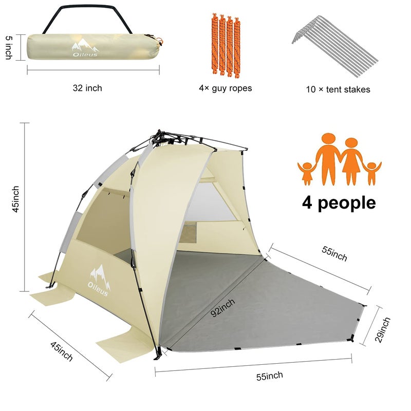 Oileus X-Large 4 Person Beach Tent Sun Shelter - Portable Sun Shade Instant Tent for Beach with Carrying Bag, Stakes, 6 Sand Pockets, Anti UV for Fishing Hiking Camping, Waterproof Windproof, Khaki - Image 2