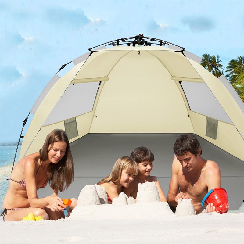 Oileus X-Large 4 Person Beach Tent Sun Shelter - Portable Sun Shade Instant Tent for Beach with Carrying Bag, Stakes, 6 Sand Pockets, Anti UV for Fishing Hiking Camping, Waterproof Windproof, Khaki - Image 5