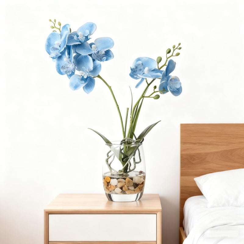 Jusdreen Artificial Blue Orchid in Glass Vase, Realistic Phalaenopsis Arrangement with Potting for Home Office Table Decor, 14.5 Inch Flower Centerpiece - Image 5