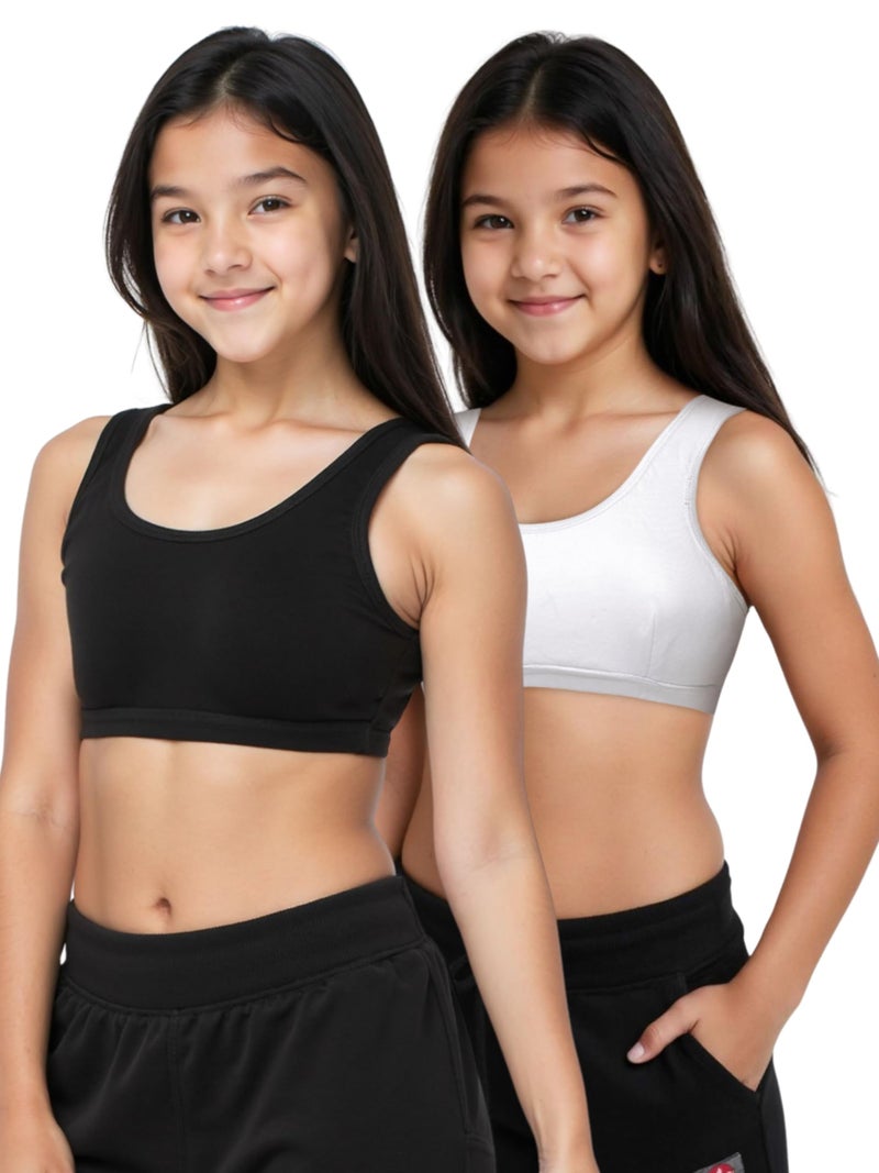 DChica Essentials Sports Bra for Girls, Cotton Non-Padded Full Coverage Beginners Non-Wired T-Shirt Gym Workout Bras with Regular Broad Strap, Training Activewear for Teenager Kids (Pack of 2) Black - Image 1