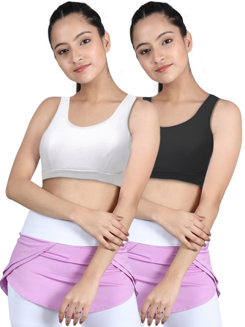 DChica Essentials Sports Bra for Girls, Cotton Non-Padded Full Coverage Beginners Non-Wired T-Shirt Gym Workout Bras with Regular Broad Strap, Training Activewear for Teenager Kids (Pack of 2) Black - Image 3