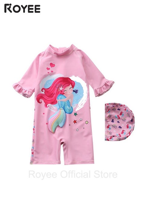 Children's Mermaid Swimsuit， Long sleeved One Piece Sun Proof kids Swimwear With Swim Cap For Height 70-120cm Girls