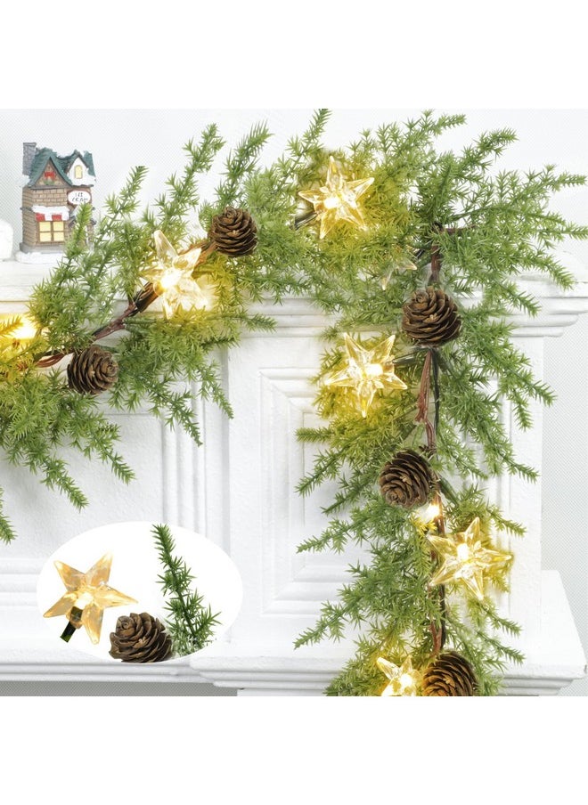 Camlinbo Christmas Garland with Lights, 6 Ft Cedar Pine Garland- Juniper Winter Greenery Garland with Timer 10 Star Lights Pine Cones Garlands Christmas Decoration for Home Fireplace Table Decor  - Image 1