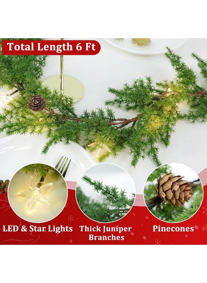 Camlinbo Christmas Garland with Lights, 6 Ft Cedar Pine Garland- Juniper Winter Greenery Garland with Timer 10 Star Lights Pine Cones Garlands Christmas Decoration for Home Fireplace Table Decor  - Image 4