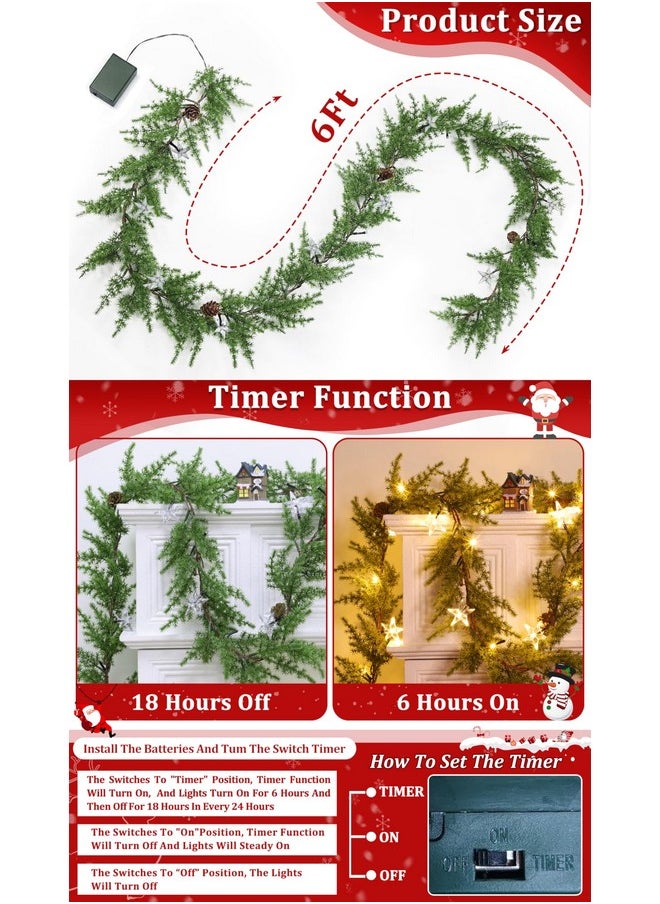 Camlinbo Christmas Garland with Lights, 6 Ft Cedar Pine Garland- Juniper Winter Greenery Garland with Timer 10 Star Lights Pine Cones Garlands Christmas Decoration for Home Fireplace Table Decor  - Image 3